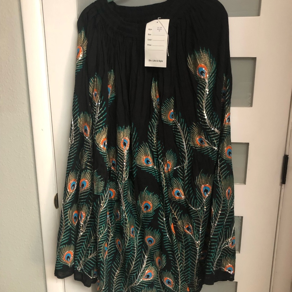 Black Maxi Skirt with Peacock Feather Embroidery